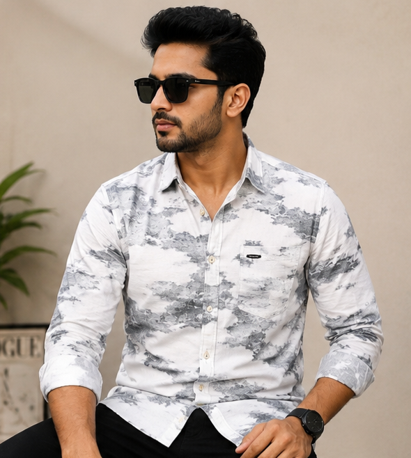 Classic Colors Premium Printed Casual Shirt - White & Grey